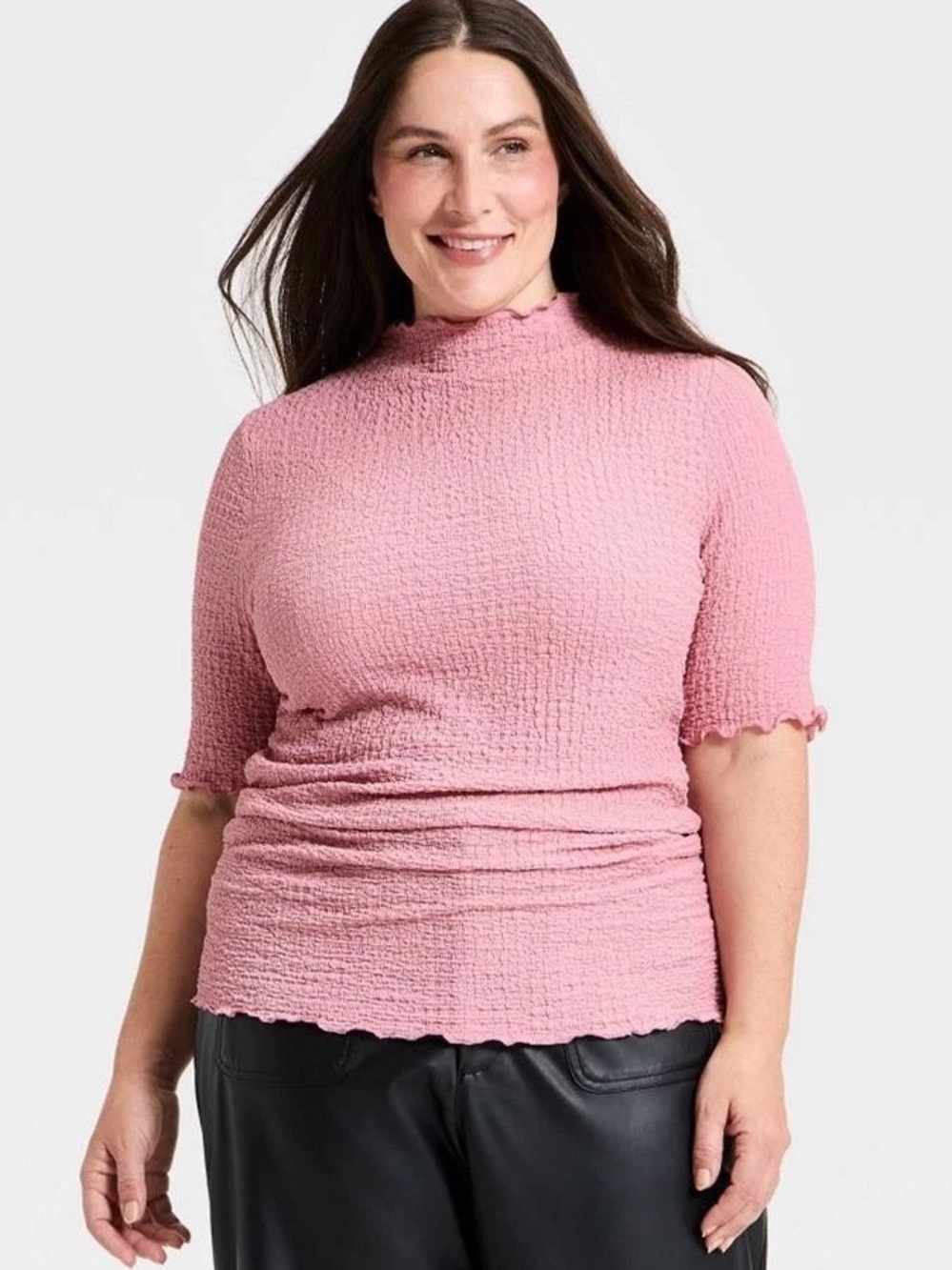 A New Day Mauve Pink Textured Mock Neck Short Sleeve Popcorn Top